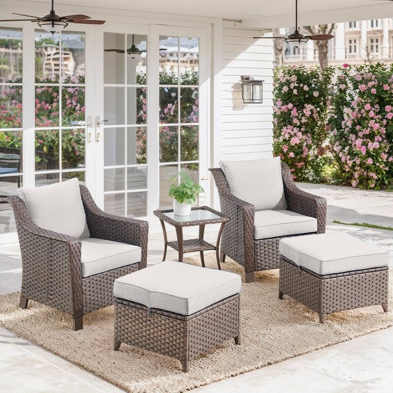 Outside Patio Sofa Chair with Cushions - Brwon Wicker Beige Cushion - 5PCS Patio Chair with Ottoman Table
