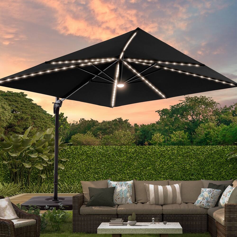 LIVOOSUN Patio10x10FT LED Aluminum Cantilever Umbrella Solution-Dyed Fabric w/Base