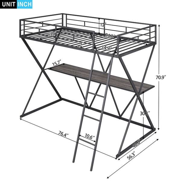 dimension image slide 1 of 2, Twin Size Loft Bed with Rectangle Desk, Ladder & Full-Length Guardrails, X-Shaped Premium Steel Frame, Teens & Kids' Furniture