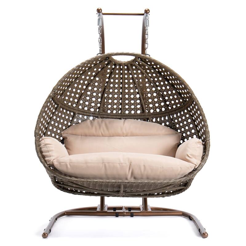 Charcoal Wicker Hanging Double-Seat Swing Chair with Stand with Cushion
