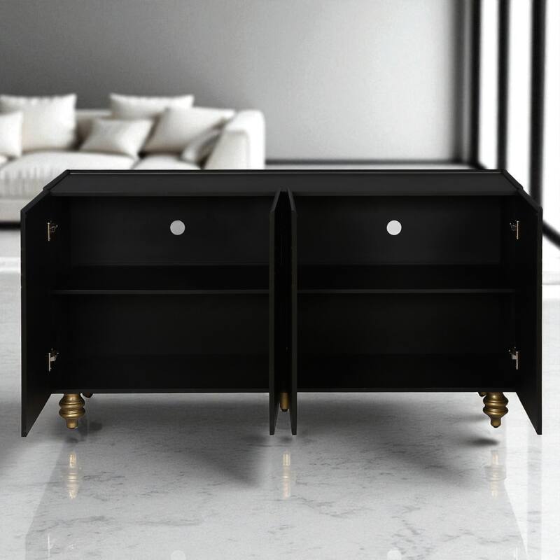 Modern Fluted Sideboard Buffet with Adjustable Shelves, Gold Base & 4 Doors for Kitchen or Dining Room