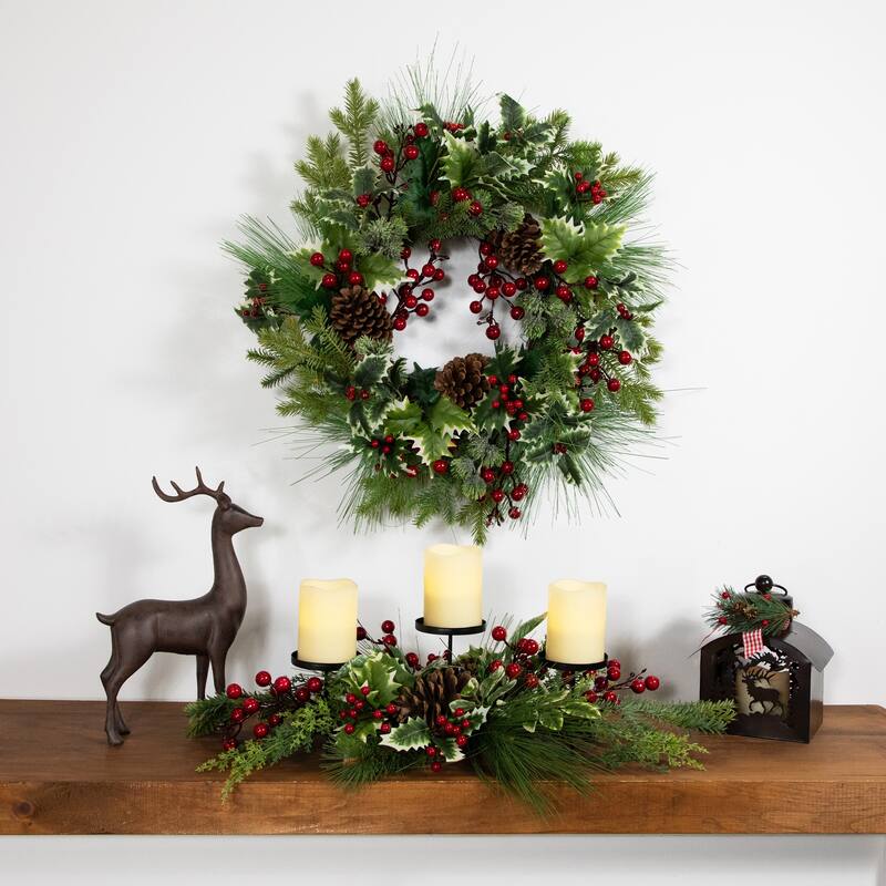 Holly Berries, Frosted Thistle Pine Artificial Christmas Wreath 24"