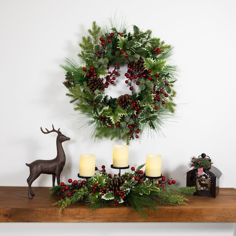 Holly and Berries Frosted Thistle and Pine Artificial Christmas Wreath - 24" - Unlit