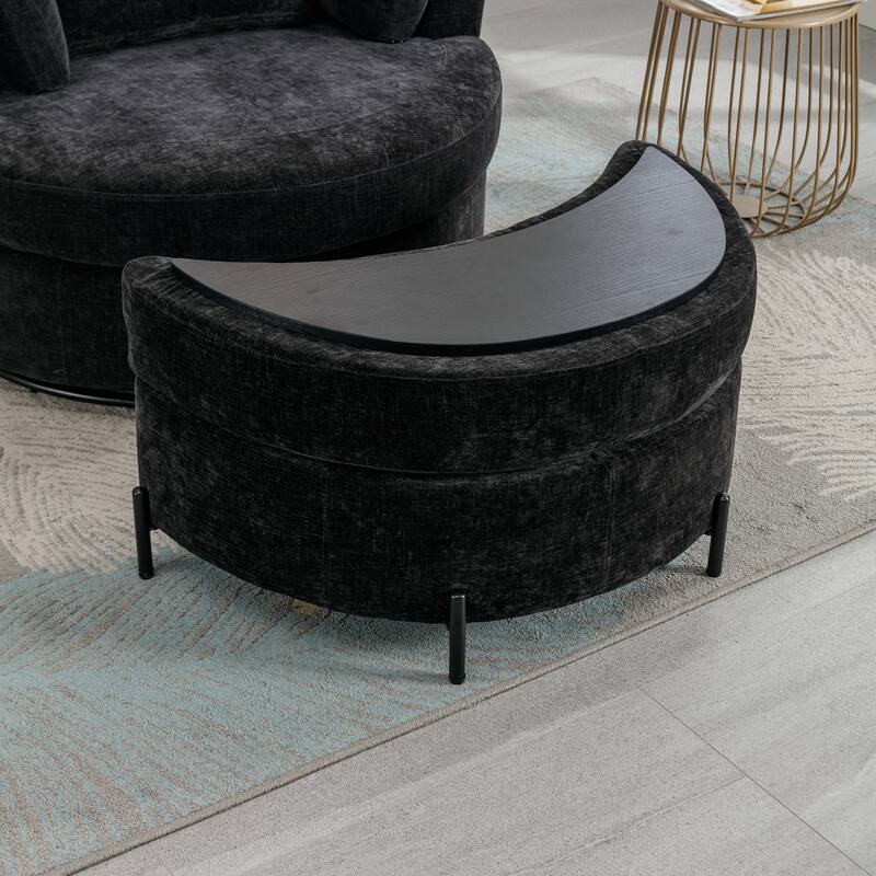 32.7" W Sherpa Upholstered Half Crescent Moon Storage Bench Large Ottoman With Tray Serve As Side Table Soft Padded Seat