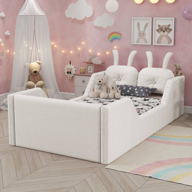 White Twin Upholstered Platform Bed with Rabbit Cushion & Removable Side Rails! (Arrives 2025/1/15)