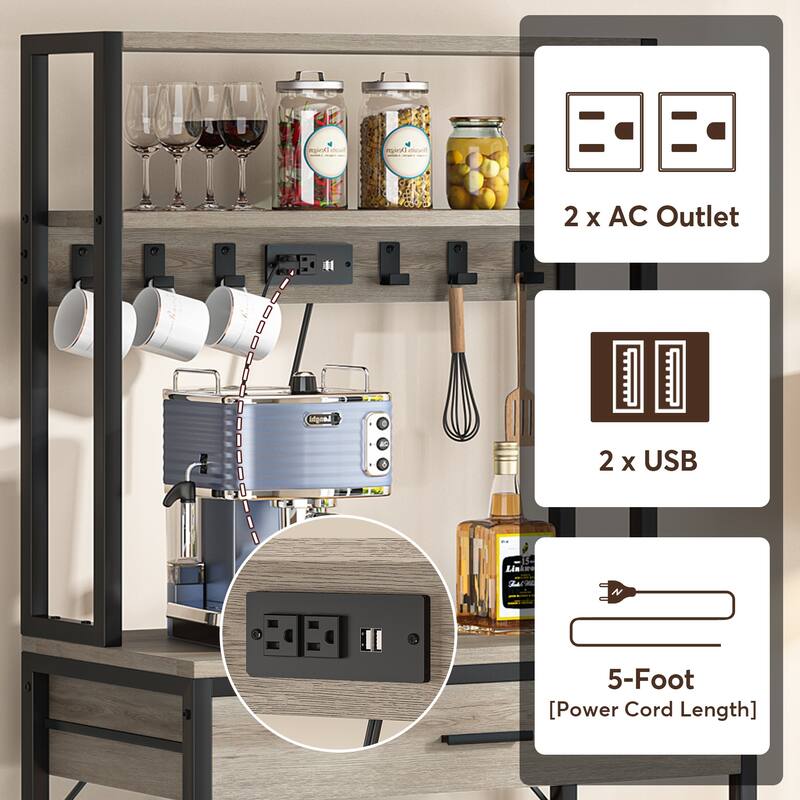 Kitchen Bakers Rack with Power Outlets, High Utility Storage Shelves Microwave Stand with Drawers