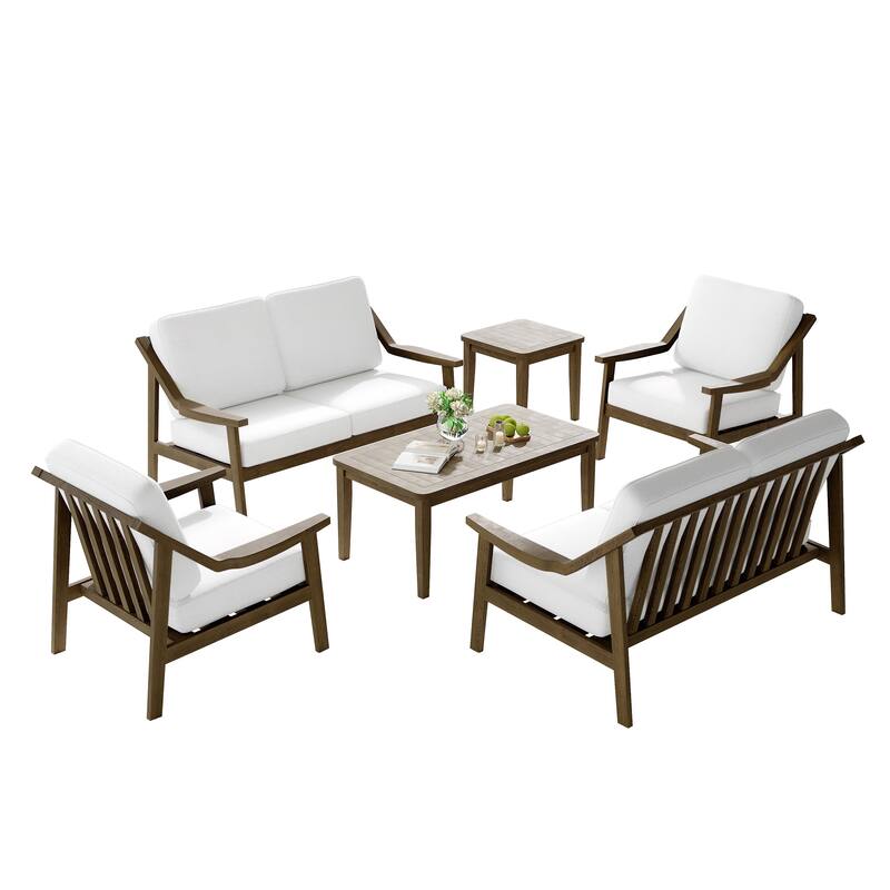 6-piece Wood Patio Chat Set Teak Conversation Set with Cushion
