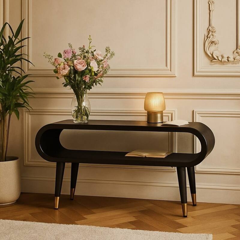 Artisan Furniture Solid Wood Curved Edge Media with Brass Accents, 1-Shelf