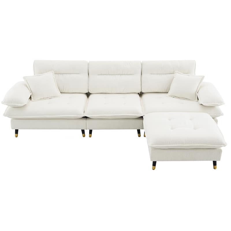 White 106'' L-Shaped 4 Seater Convertible Sectional Sofa with Adjustable Two-Tone Legs, Movable Ottoman