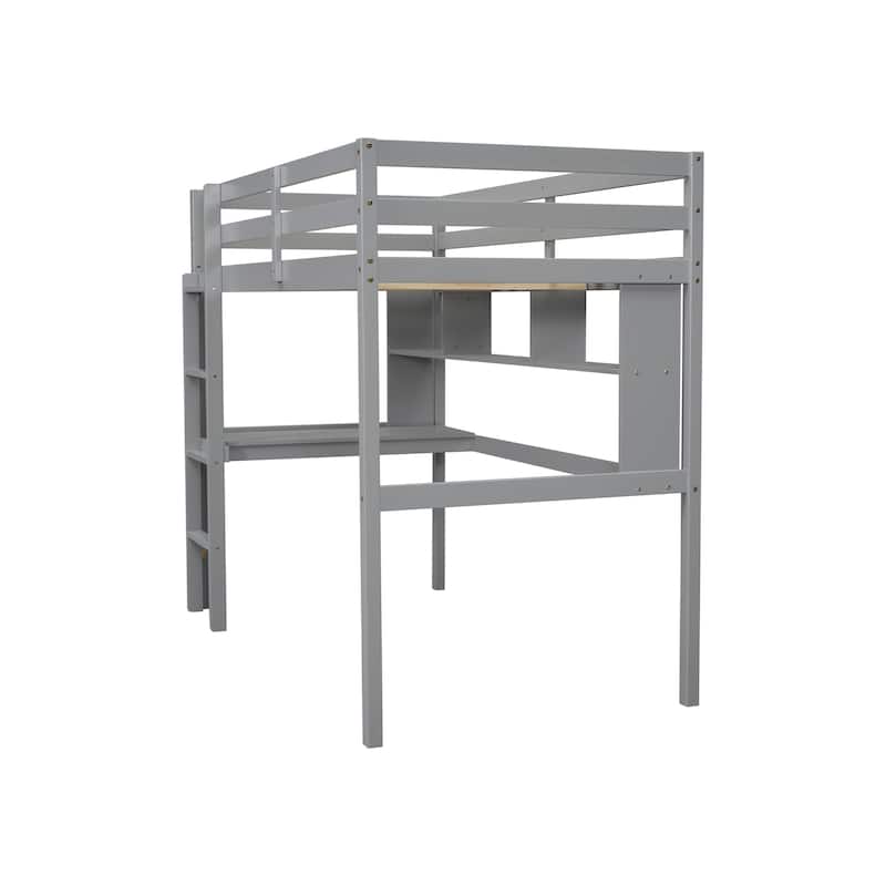 Grey Twin Size Wood Loft Bed with desk and shelves, Safety Guardrail and ladder