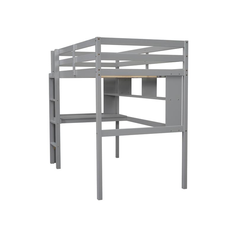 Twin Size Wood Loft Bed with Desk and Shelves