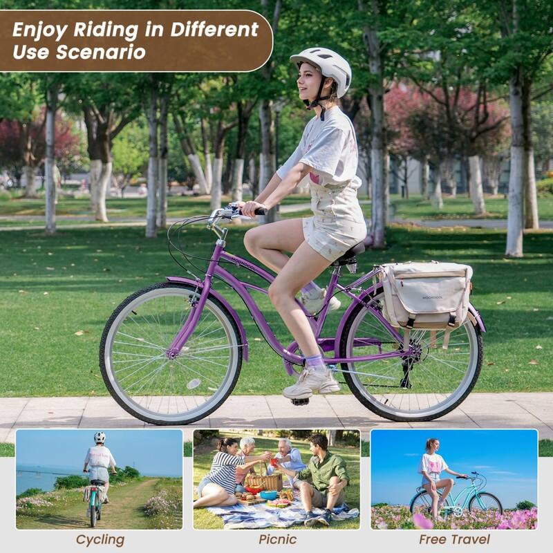 Beach Cruiser Bike for Women and Men, 24/26 Inch 7-Speed Adult Bicycle