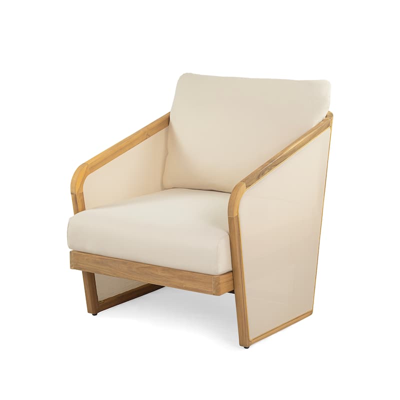 Lenrn Wood Textilene Club Chair with Acacia Frame and Water-Resistant Cushions by Christopher Knight Home
