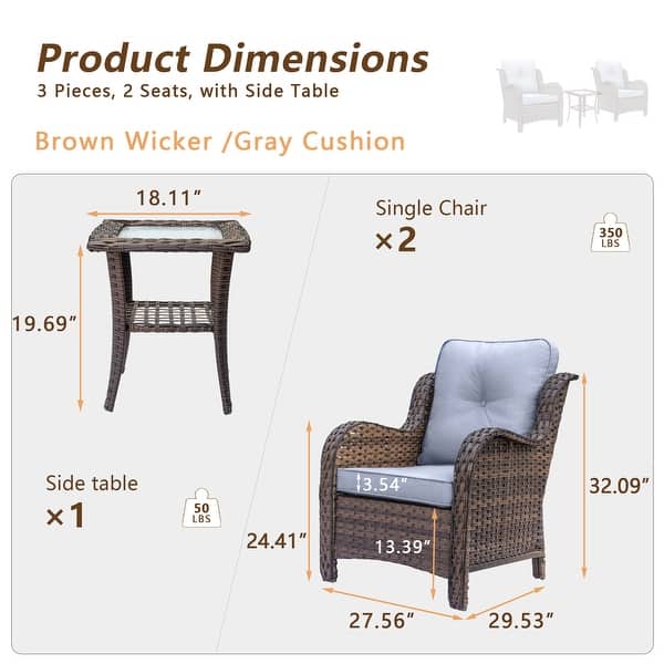 dimension image slide 2 of 4, Outdoor Patio Furniture Set Brown Wicker Patio Conversation Seating Sets