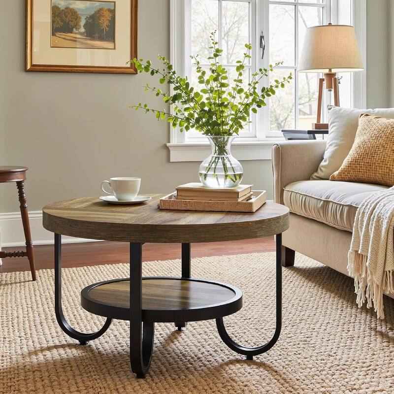 31.1" Brown MDF Industrial Coffee Table, 2-Tier Round Cocktail Tea Table with Metal Legs for Living Room, Receptionist Room