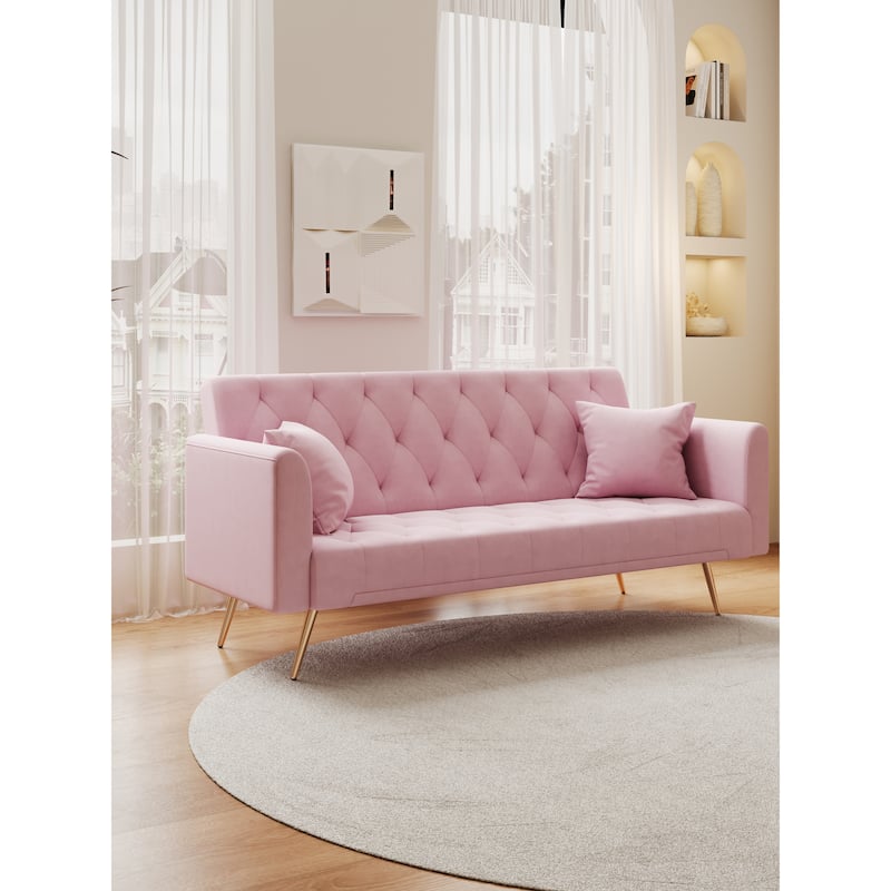 Velvet Loveseat Sofa Adjustable Backrest Sleeper Sofa Bed with 2 Pillow Upholstered Deep Seat Sofa, Tufted Couch