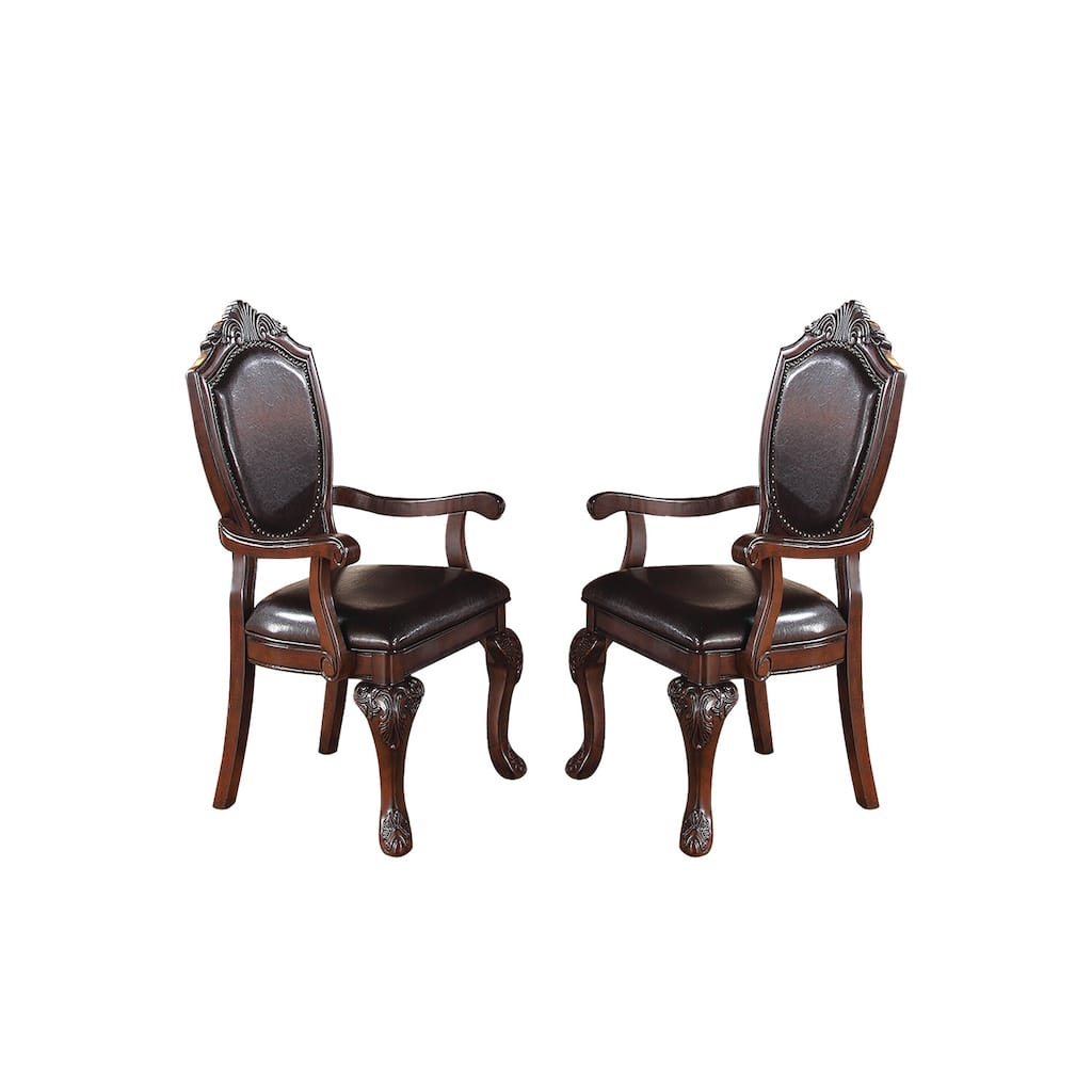 Dining Arm Chairs With Faux Leather Upholstery, Set Of 2, Dark Brown
