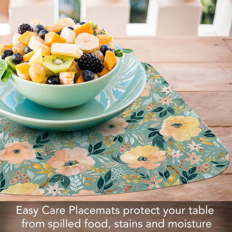 Modern Florals Wedge Shaped Reversible Flexible Plastic Placemat 4 Pack Made in The USA 17.75" x 11.25" Easily Wipes Clean