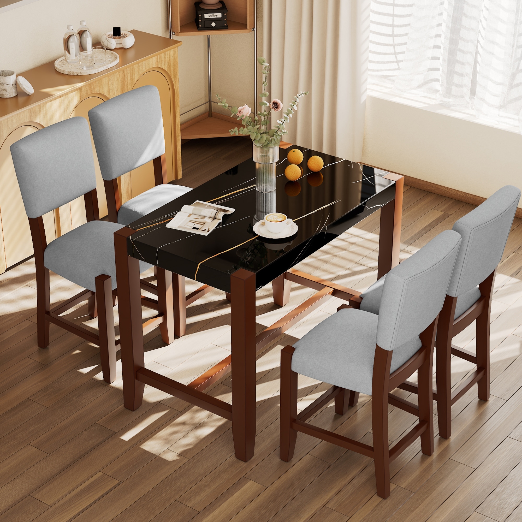 Mid-Century 5-Piece Counter Height Dining Table Set, Faux Marble Bar Table & 4 Upholstered-Seat Chair for Dining Room, Kitchen