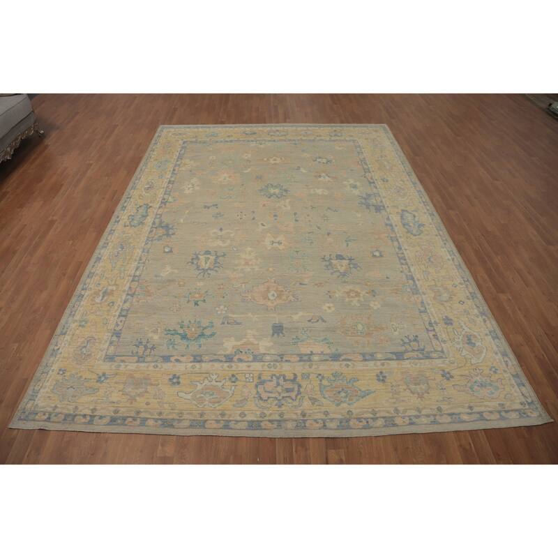 Vegetable Dye Wool Oushak Turkish Area Rug, Floral Geometric Carpet - 12' 5'' X 9' 3''