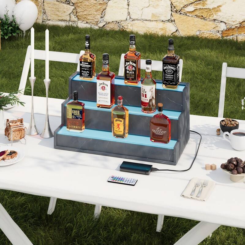 EROMMY LED Lighted Wine & Liquor Display Shelf with Remote, 3-Tier Tabletop Bar Rack, USB Powered