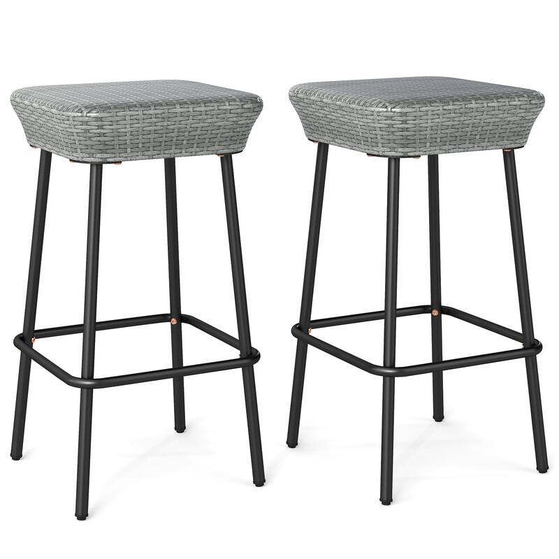 Mix Grey Rattan Metal Bar Stools Backless with Footrest Set of 2 - 16.5" L x 16.5" W x 29.5" H - Grey