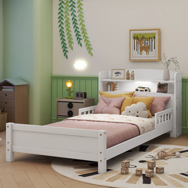 Pine Wood Twin Bed with Bookcase, LED Motion Sensor Light, Guardrails for Safety
