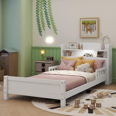 Twin Pine Wood Bed with Bookcase Headboard, LED Motion Sensor Light & Guardrails, White
