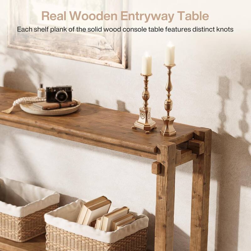 63-Inch Solid Wood Console Table, 2-Tier Farmhouse Entryway Table with Storage