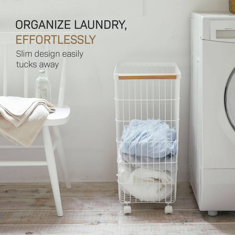 Yamazaki Home Rolling Wire Basket, Steel and Wood, 14.5 gallons, 55L, Holds 17.6 lbs - L 18.7 x W 11.02 x H 24.02 inches