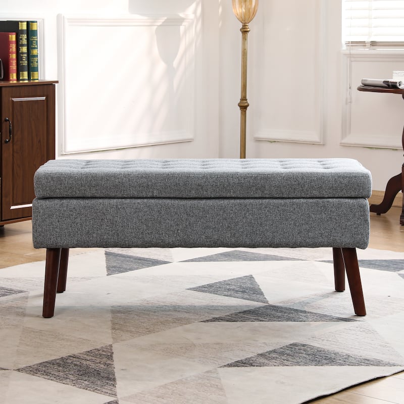 Linen Tufted Storage Bench with Safety Hinge and Wood Legs