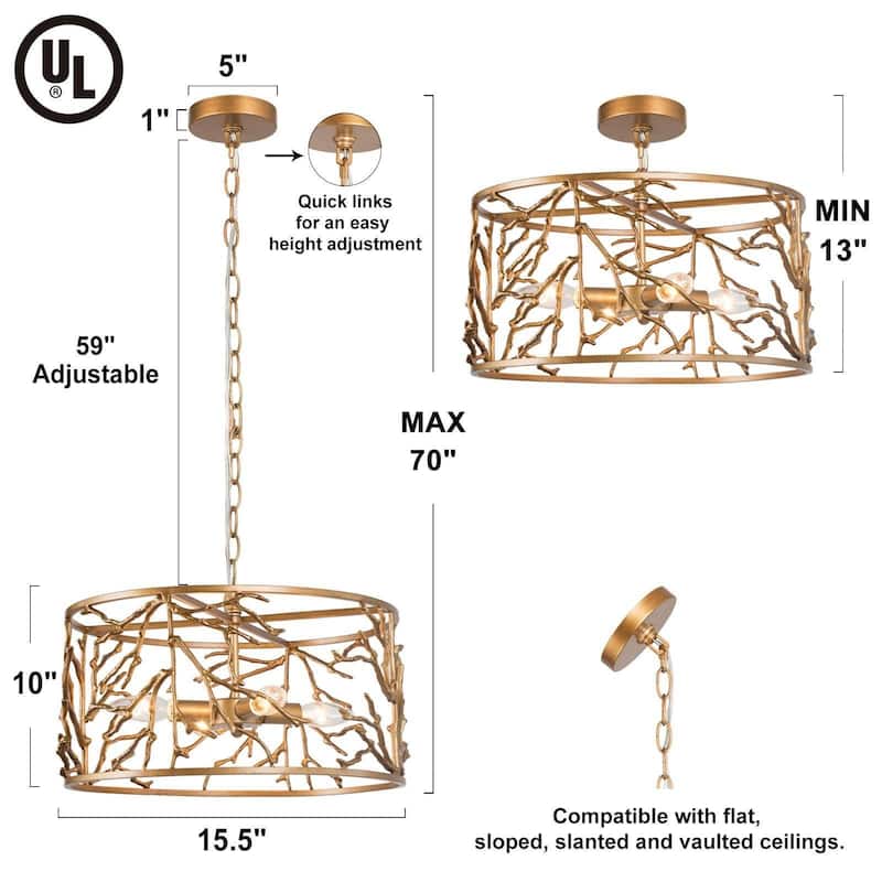 Besa Mid-Century Modern Brass 4-Light Gold Drum Chandelier for Dining Room