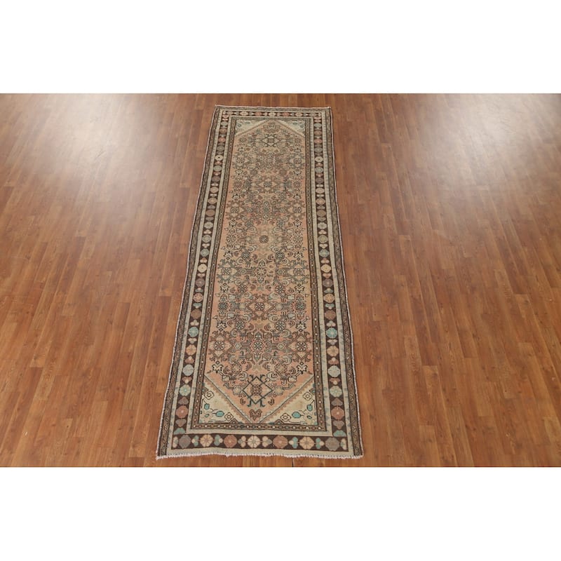 Hamedan Persian Vintage Runner Rug Hand-Knotted Wool Carpet - 3'5" x 9'11"