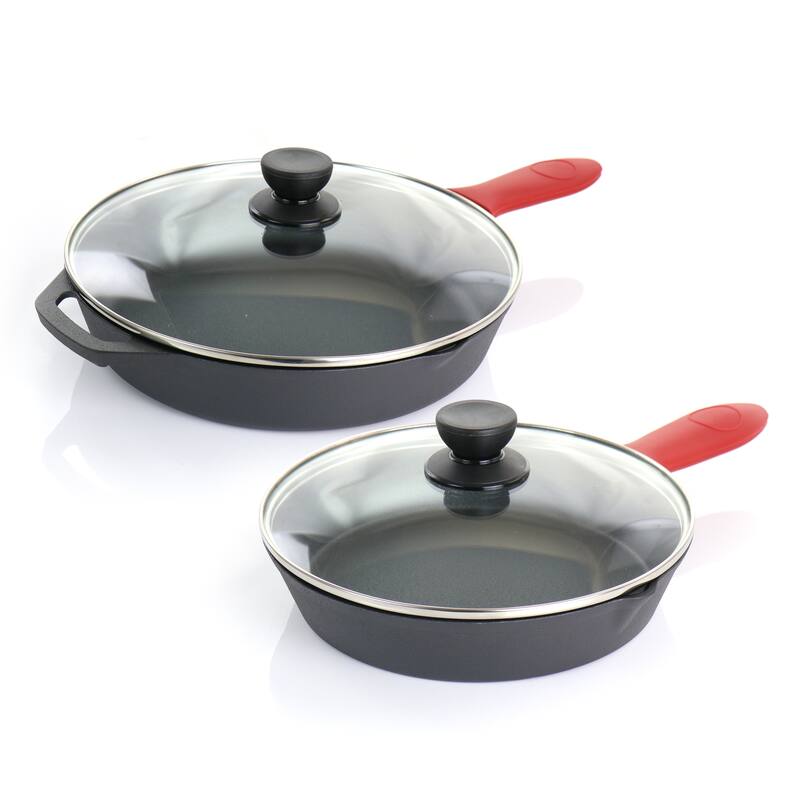 MegaChef Pre-Seasoned 6Pc Cast Iron Skillet Set w/Lids and Red Holders