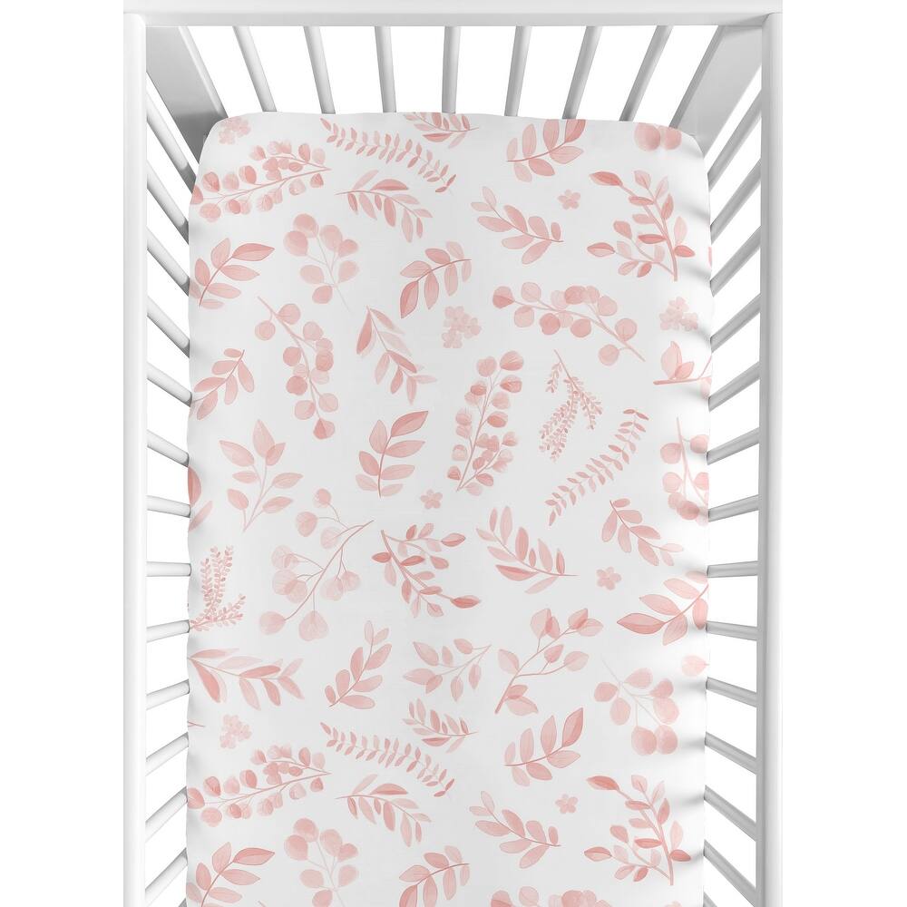 Blush Pink and White Floral Leaf Girl Fitted Crib Sheet Boho Chic Bohemian Watercolor Botanical Flower Woodland Tropical Garden
