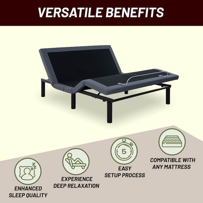 Adjustable Bed Base Frame with Zero-Gravity Positioning, Massage Options and Independent head and Foot Incline Adjustments