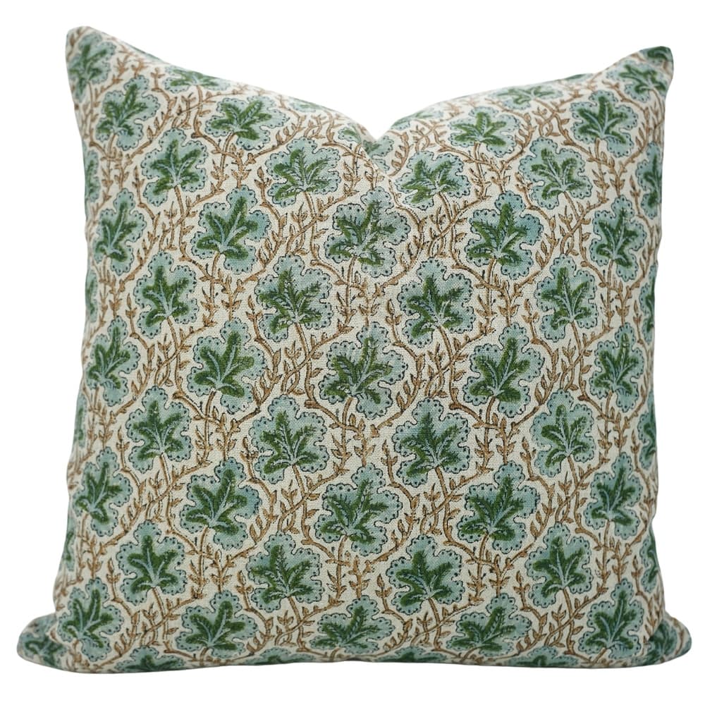 Fabdivine Decorative Floral Pillowcase Heavy Linen for Fall or Home Décor Sofa, Green Block Print Cushion Cover, Pushpsamita