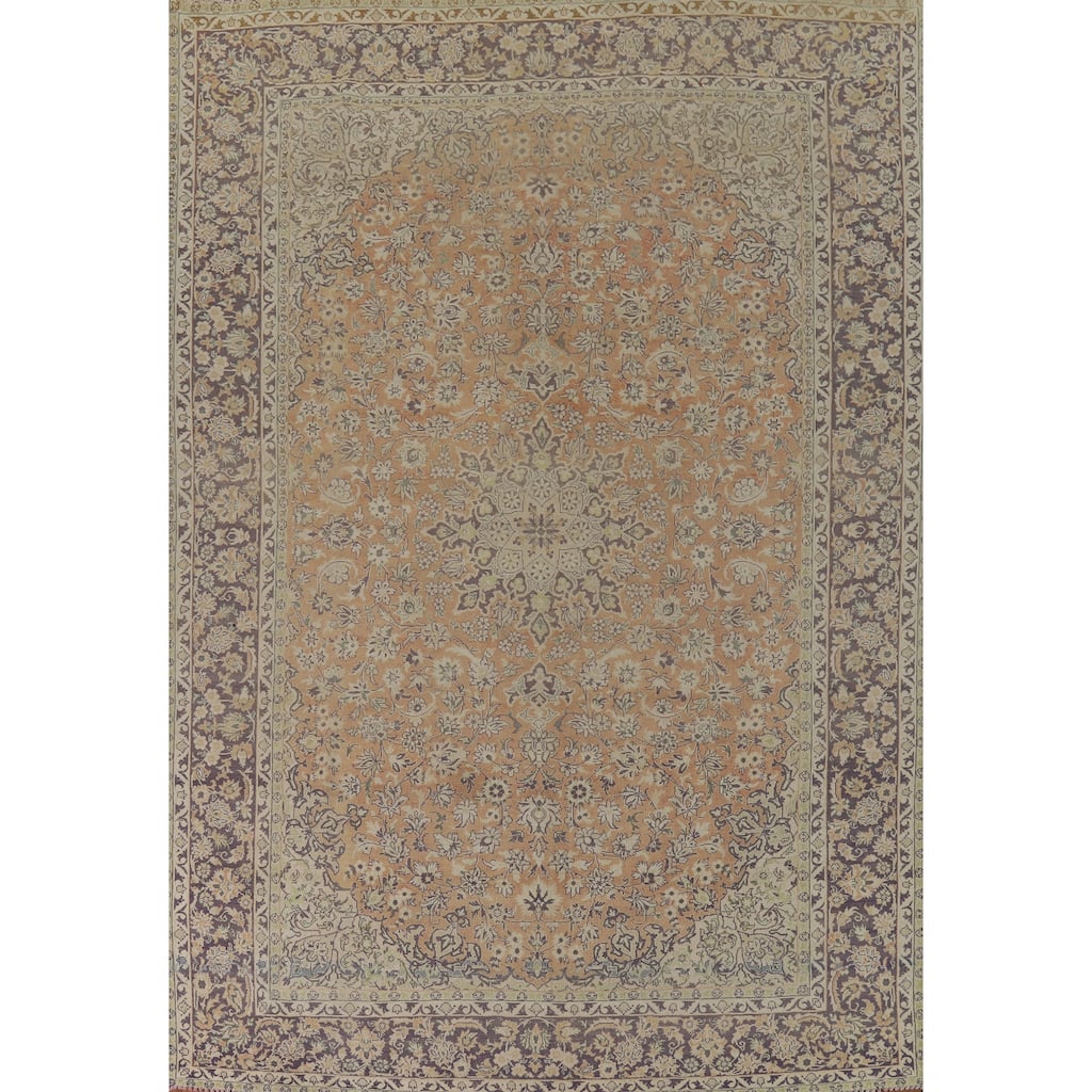 Floral Kashan Vintage Persian Area Rug Hand-Knotted Wool Carpet - 9'5" x 12'9"