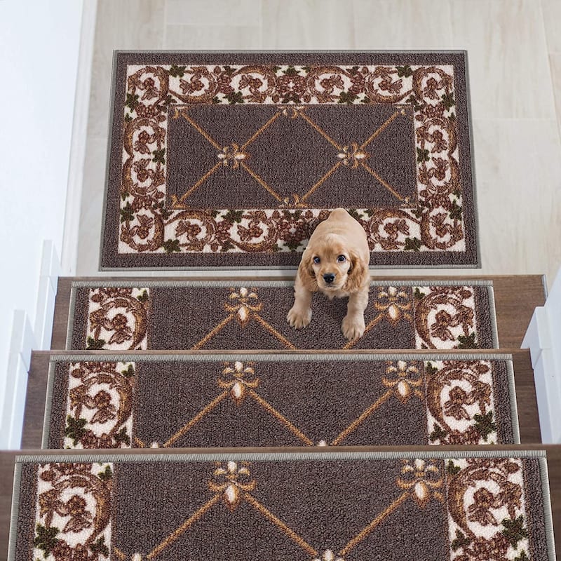 Stair Treads Fleur De Lis Floral Design Non Slip Backing, 8.5''X26'' - Set of 3 - Dark Gray