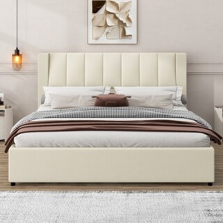 King Size Bed Beige Upholstered Bed Slat Platform Bed with Twin SIze Trundle Bed & 2 Drawers, Hidden Storage Headboard, Beige