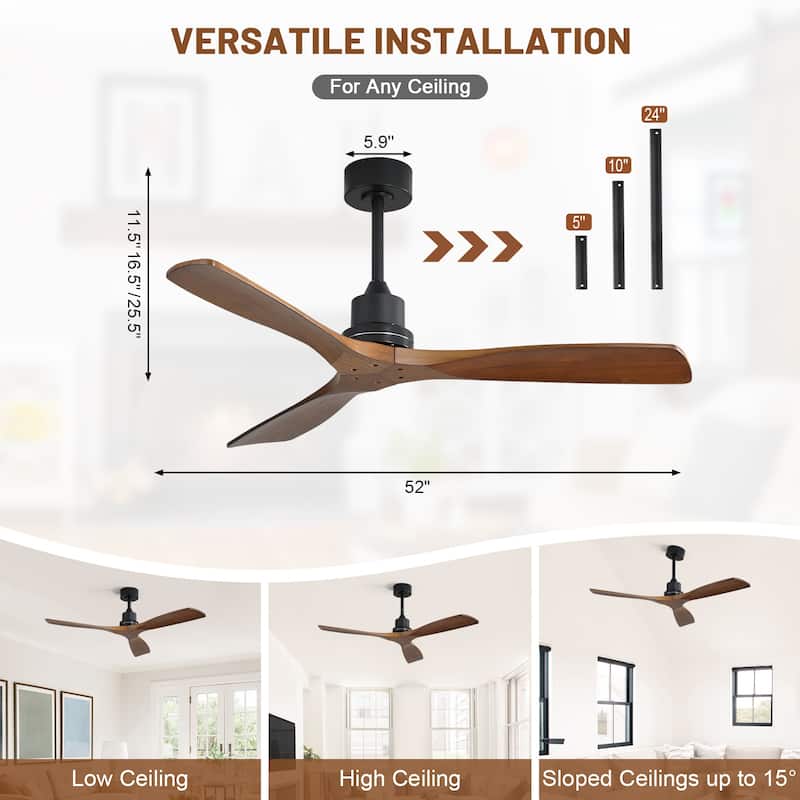 Sofucor 52 Inch Ceiling Fan without Light Solid Wood,with Remote,Smart Optional-Alexa/Google Assistant/APP/Remote Control