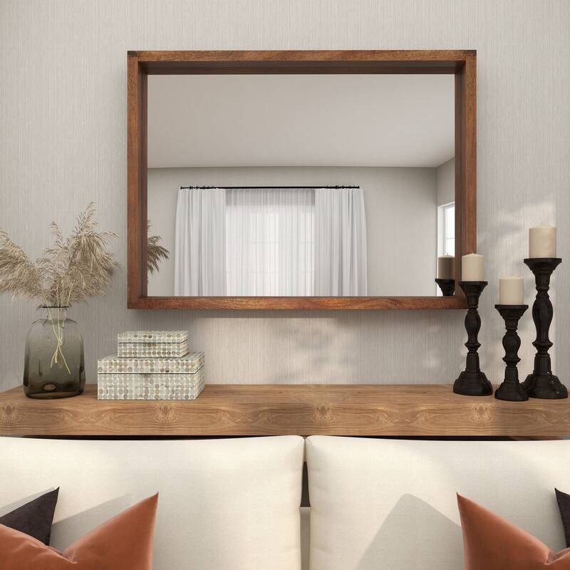 Brown Mango Wood Minimalistic Wall Mirror with Natural Wood Grain and Deep Set Frame