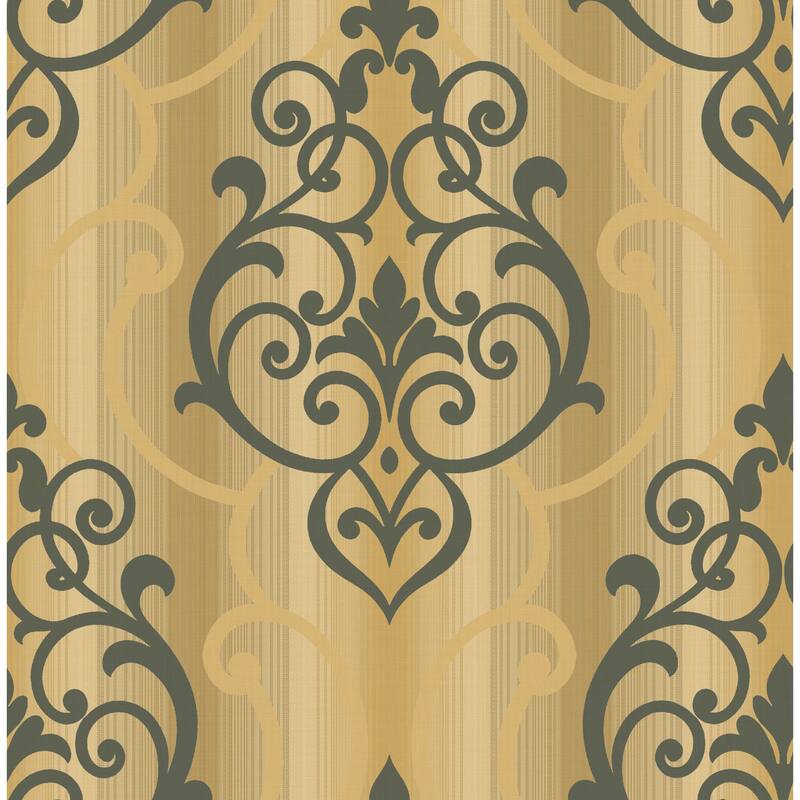 Seabrook Designs Alita Striped Damask Unpasted Wallpaper - 20.5 in. W x 33 ft. L - Warm Stone, Metallic Gold & Tan