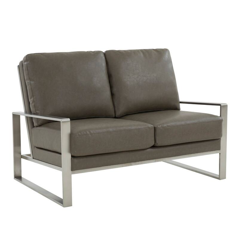 Jefferson Modern Leather Loveseat with Brushed Silver Stainless Steel Base, Removable Cushions, Sinuous Springs, Fully Assembled - Grey