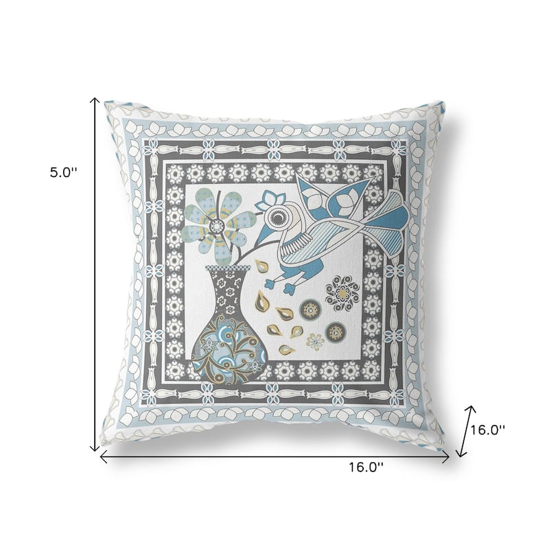 HomeRoots 16" x 16" Blue and White Bird Blown Seam Abstract Indoor Outdoor Throw Pillow - 16.00' X '5.00' X '16.00