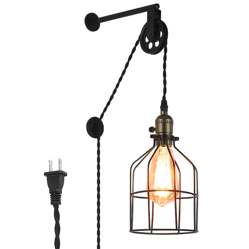 Modern Industrial Rustic Cage Wall Lamp Lift Pipe Pulley Wall Lights Fixture Retro Wall Pendent Light Plug in Cord with Wheel - 12.59*9.84