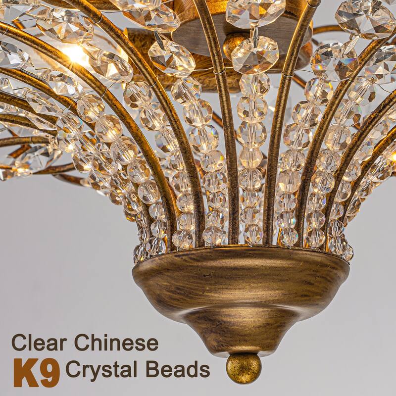 3-Light Glam Crystal Flush Mount Ceiling Light - Antique Gold - 15.8 in W × 12.6 in H