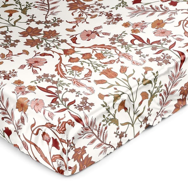 slide 2 of 6, Sweet Jojo Designs Ivory and Orange Boho Vintage Floral Girl Satin Fitted Crib Sheet Bohemian Wildflower Botanical Farmhouse