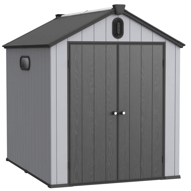 Waterproof Resin Garden Shed with Hinged Double Doors & Rain Gutter Weatherproof Storage Shed, Double Wall Panels