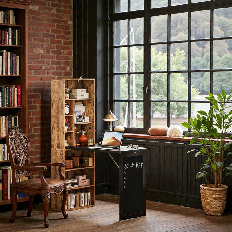 Fold Out Convertible Computer Desk with Storage Shelves, Space Saving Home Office Writing Desk with Blackboard